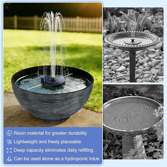 Solar Fountain Bird Bath Set, 15.7in Resin Lotus Bowl with 5.11in Solar Fountain Panel & 3 Fake Lotus Flowers, Durable Outdoor Garden Decor, Water Fountain for Birds, Patio & Yard