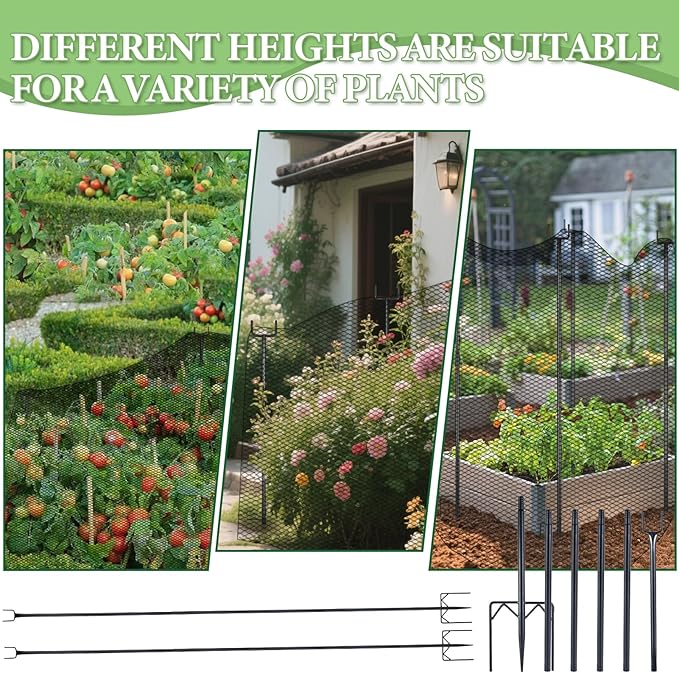 4 Pack 7.2ft Metal Garden Netting Support Stakes, Heavy Duty Garden Netting Pole with 50 Tie Rustproof Gardening Fence Stake Crop Cage Protection Post Frame for Support Fruits Garden Bed Plant Net