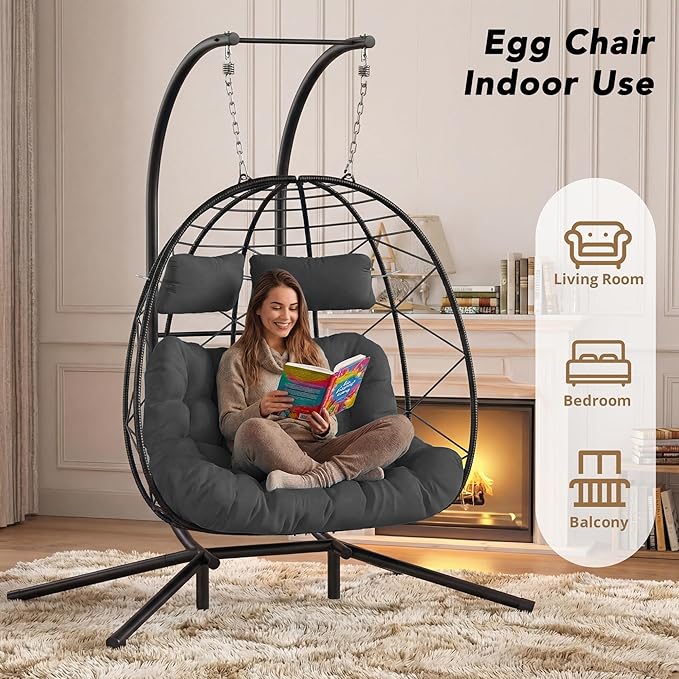 Easyego 2-Person Wicker Hanging Egg Chair with Stand- 700 lb Capacity, Indoor/Outdoor Double Egg Swing Hammock Chair for Patio, Garden, Porch, Living Room, Bedroom-Dark Grey