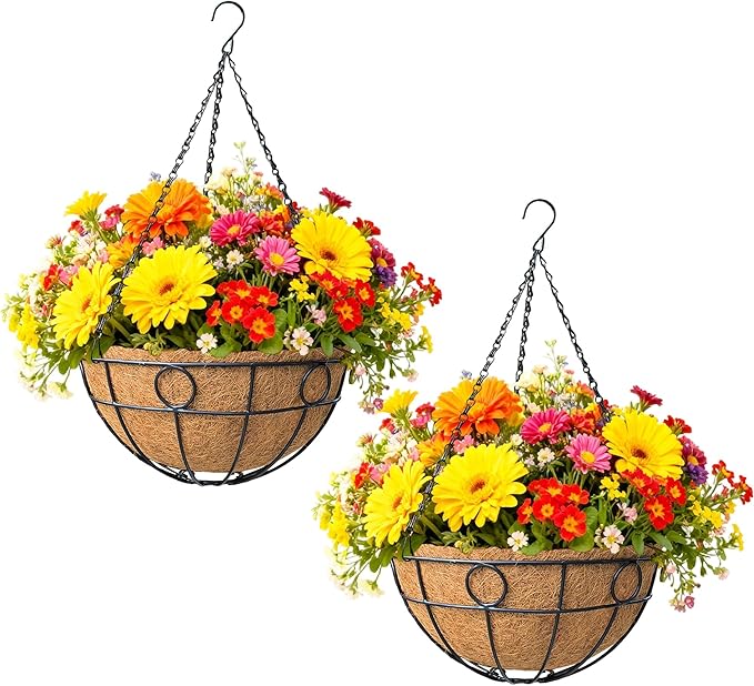 2 Pack 12 Inch Metal Outdoor Hanging Baskets Black Heavy Duty Hanging Planters with Coco Liners for Indoor Outdoor Plants Gardens Patios Terraces（Round）