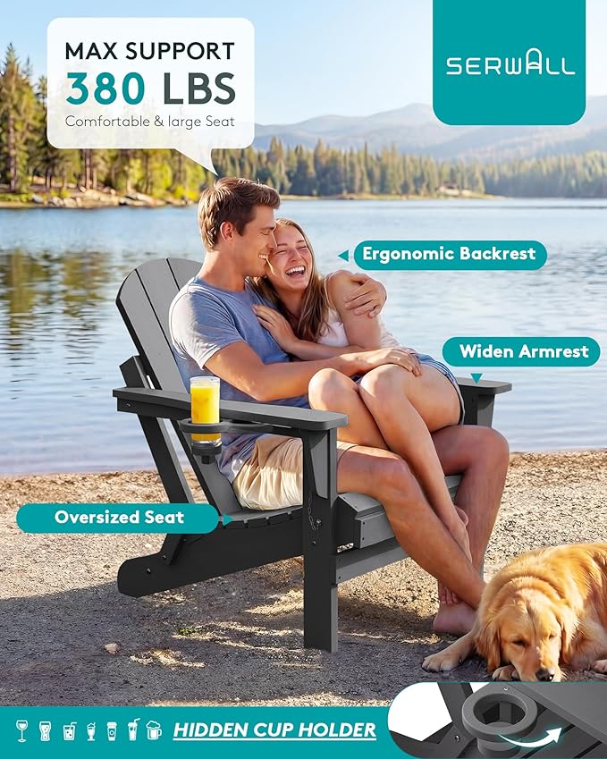 SERWALL Folding Adirondack Chair with Cup Holder Set of 2, All Weather Adirondack Chairs, Fire Pit Chairs for Patio Garden Outdoors Fire Pit - Gray