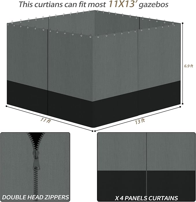 Gazebo Privacy Curtains 11' x 13' with Zipper 4-Panels Side Wall Universal Replacement for Patio, Outdoor Canopy, Garden and Backyard Gray and Black (Curtain Only)