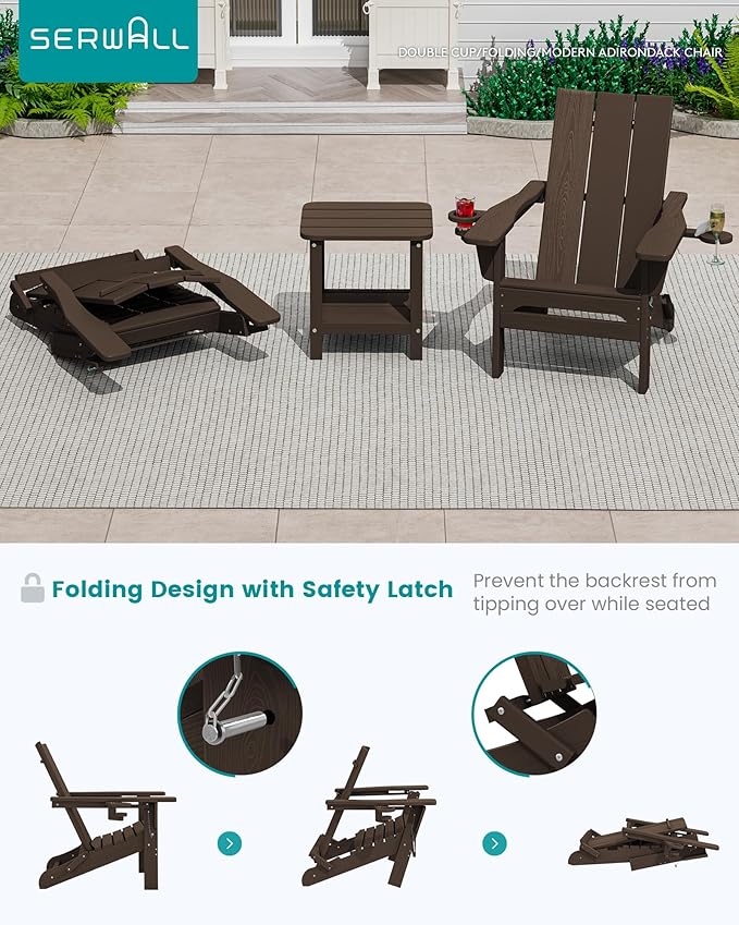 SERWALL Modern Adirondack Chairs, Folding Adirondack Chair with Cup Holders, Outdoor HDPE Adirondack Chair for Patio Lawn Garden, Coffee