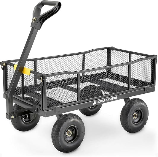 Gorilla Carts Steel Utility Cart, 4 Cu Ft Bed, 900 lb Load Capacity, Black – Towable Heavy-Duty Outdoor Hauling Wagon with Removable Side Panels for Yard, Lawn, Garden or Landscaping