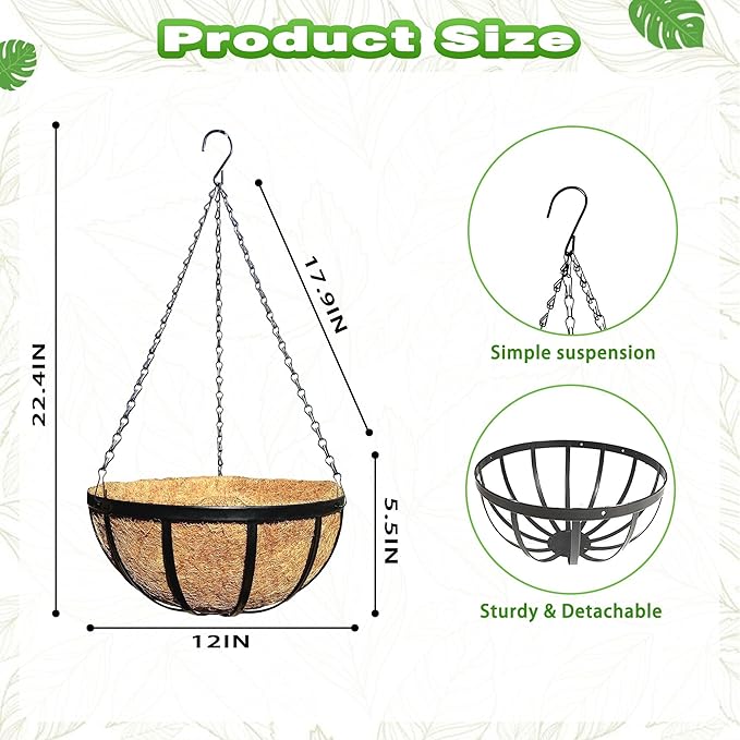 4Pack 12 Inch Metal Outdoor Hanging Baskets Black Heavy Duty Hanging Planters with Coco Liners for Indoor Outdoor Plants Gardens Patios Terraces（Flat Iron）