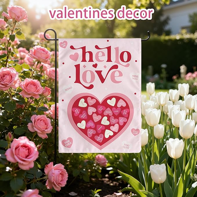 Valentines Day Decorations - Heart Love Welcome Garden Flag | Valentines Day Decor Party Favors Supplies for Outdoor Indoor Double-Side Backdrop Banner for Garden Porch Patio Lawn Yard Home,12x18