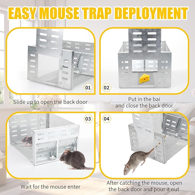 Humane Rodent Trap for Indoor & Outdoor Use - Automatic Multi-Catch Metal Cage with Double One-Way Doors, Reusable Safe Trap for Mice, Chipmunks & Small Animals (Grey)