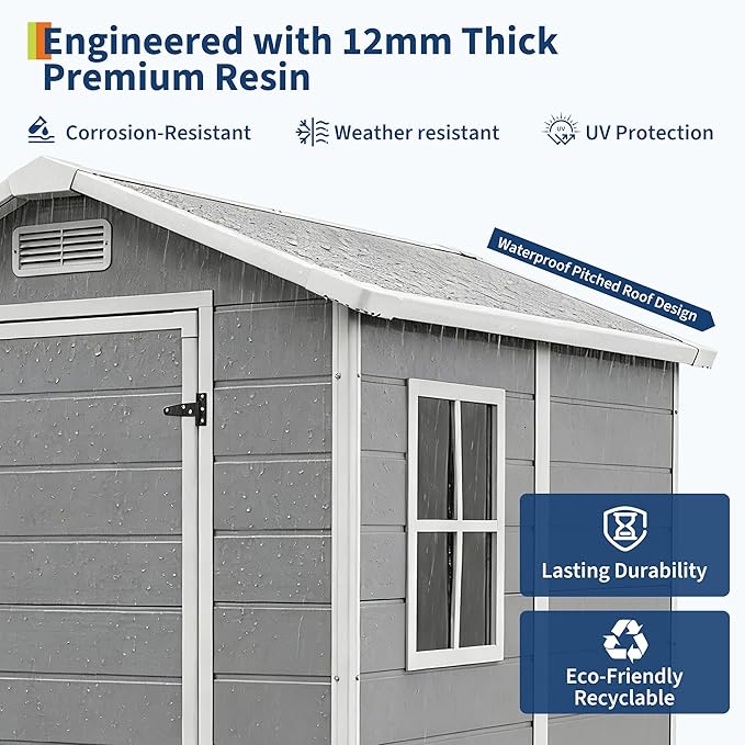 Outdoor Storage Shed with Floor, Plastic Resin Garden Shed with Window & Sloping Roof & Lockable Door for Patio Backyard Garden, Lawn Mower, Bike, Tool Storage (Light Gray, 4' x 6')