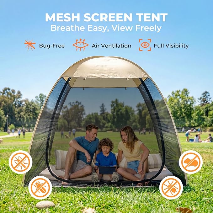 Alvantor® Pop Up Screen House Tent, Snap-fit Mesh Screen Gazebo with Peaked Roof, Portable Screen Room Canopy Shelter with Sandbags for Camping, Backyard, Picnic