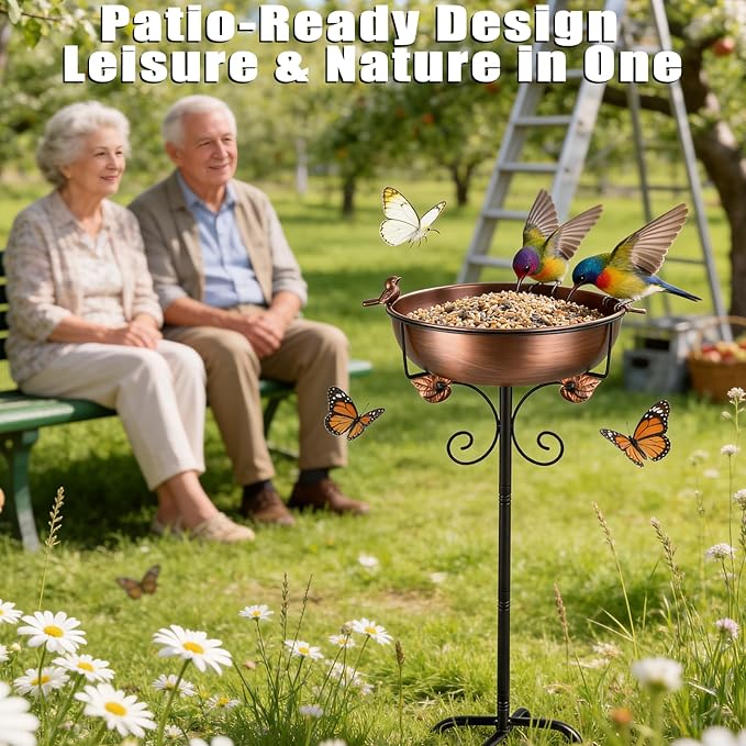 1.5 Gallon Metal Bird Bath for Outside, 38.18 Inch Vintage Freestanding Bird Bath with Upgraded 5 Pronged Base & Sturdy Metal Stake, Dual-Use Birdbath & Birdfeeder for Garden Patio Yard Lawn Decor