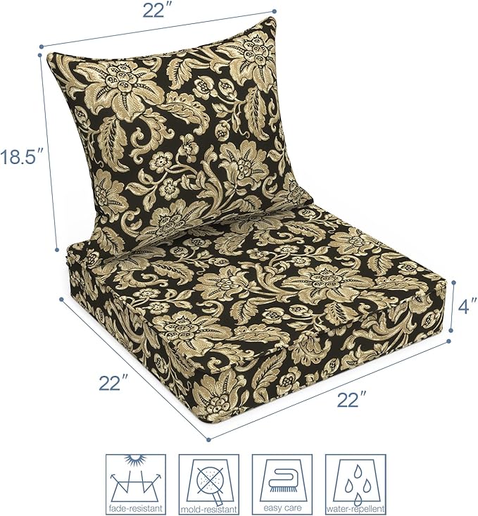 LVTXIII Outdoor Seat and Back Cushion Patio Deep Seat Cushion Set Seasonal Chair Cushion for Wicker Chairs and Garden Furniture Decoration, 22"x22"x4", Jacobean Black