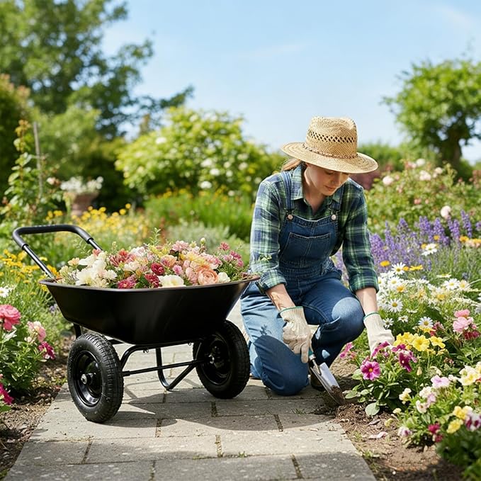 ERGOMASTER Dual-Wheel Wheelbarrow, Home Utility Garden Cart, 330 LBS Capacity, Large Heavy Duty Yard Cart for Gardening & Planting, Lawn, Farm, Construction Site, Black