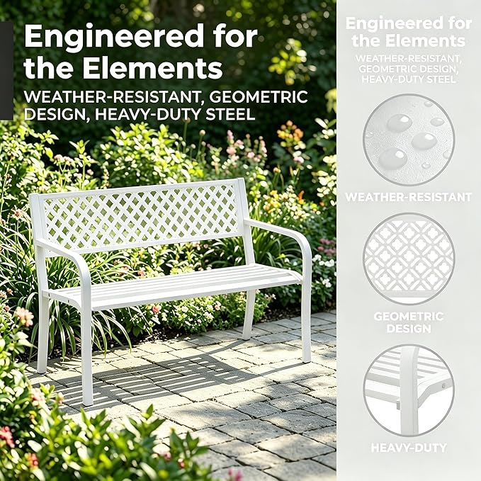 Garvee Outdoor Metal Garden Bench for 2 Person, Heavy Duty Steel Patio Bench 790 Lbs Capacity, Weather Resistant Black Porch Seating with Geometric Backrest, Outdoor Furniture for Yard, Deck, Entryway