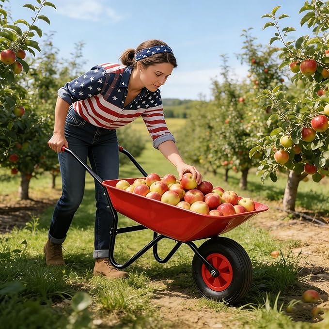 Steel Tray Wheelbarrow Heavy Duty Garden Cart with 12 Inch Pneumatic Wheel, 220lbs Capacity Lightweight Yard Cart Wheelbarrow for Landscaping, Residential Gardening, Red (Red)