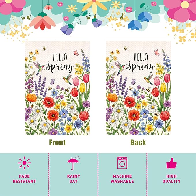 Spring Summer Floral Welcome Garden Flag Hello Spring Tulip Lavender Garden Flag 12x18 Inch Double Sided 12x18 Inch Double-Sided Linen Holiday Outdoor Yard Decorative Flag
