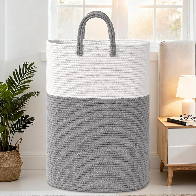 Woven Laundry Basket for Clothes, 100L Large Rectangle Laundry Hampers with Beads Tassel, Nursery Storage Basket for Toys, Tall Dirty Clothes Hamper for Bedroom Aesthetic, Laundry Room Organization