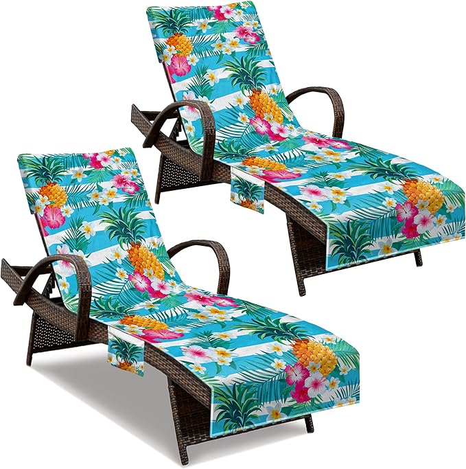 Beach Chair Cover with Side Pockets (1Pc), Thick and Quick Dry Lounge Chair Towel Cover for Sun Lounger Pool Sunbathing Garden Beach Hotel, No Sliding, Pineapple Theme