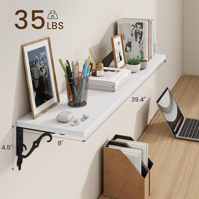 RICHFOCUS Floating Shelves for Wall Decor, 39.4W x 8D Shelves Set of 2, 8 Inch Deep Rustic Wood Shelves Wall Mounted with Brackets, Long Floating Shelves for Living Room Bedroom Kitchen, White