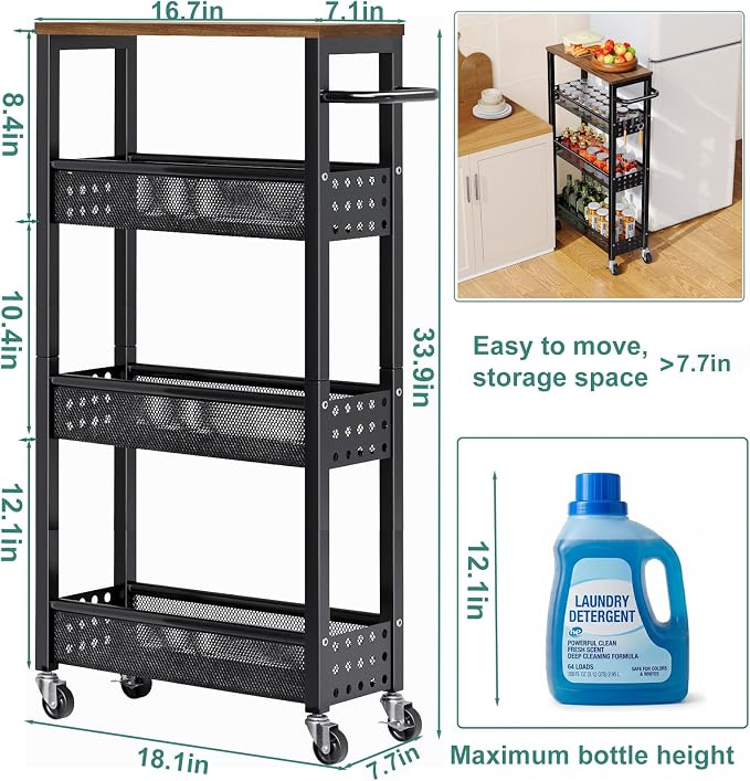Laundry Room Slim Rolling Cart with Wheels for Between Washer and Dryer Gap | Utility Slim Storage Cart with Table Top, Small Laundry Organizers and Storage Shelves, Thin Shelf for Narrow Spaces, 4 Tier
