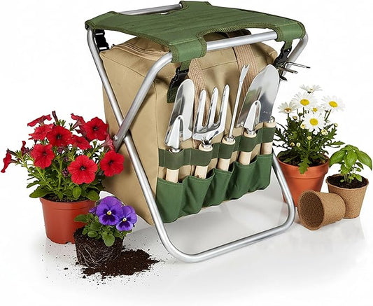 PICNIC TIME Garden Kneeler and Seat, Folding Gardening Bench, Portable Garden Stool and Kneeler with Detachable Tote Organizer for Weeding & Yard Work (Olive Green with Beige Accents)
