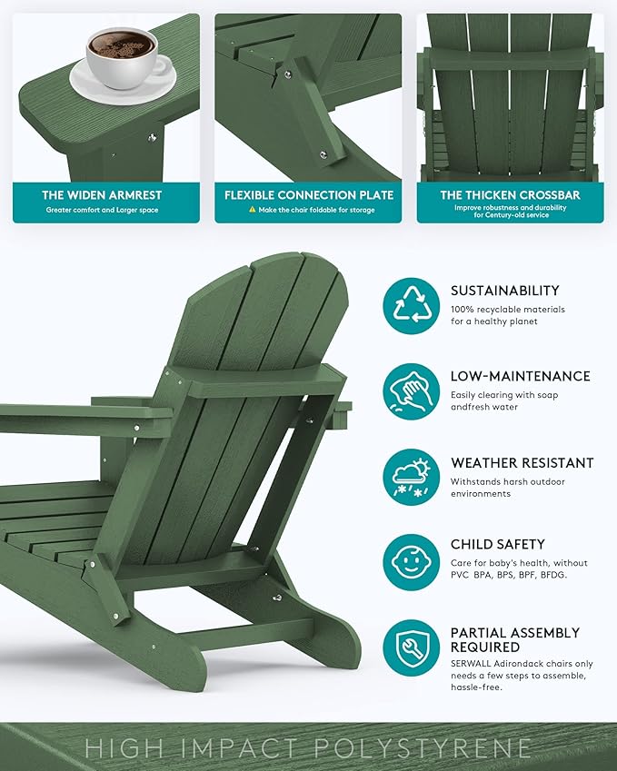 SERWALL Adirondack Chair Set of 4, Weather Resistant HIPS Patio Chairs with Cup Holder for Patio Garden Outdoors Fire Pit- Army