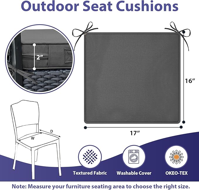 IPYNBAP Outdoor Chair Cushions Set of 4,Waterproof Outdoor Seat Cushions for Patio Furniture,Patio Chair Cushion with Handle and Ties, Square Out Door Chair Pads,17" x 16" x 2", Dark Grey