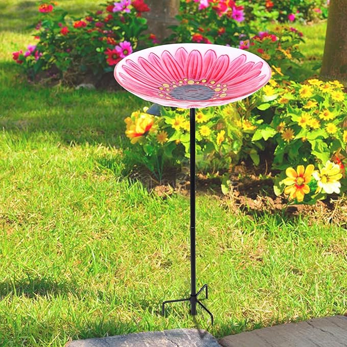 MUMTOP Glass Bird Bath, Garden Outdoor Birdbaths Birdfeeder with Metal Stake Pink Flower