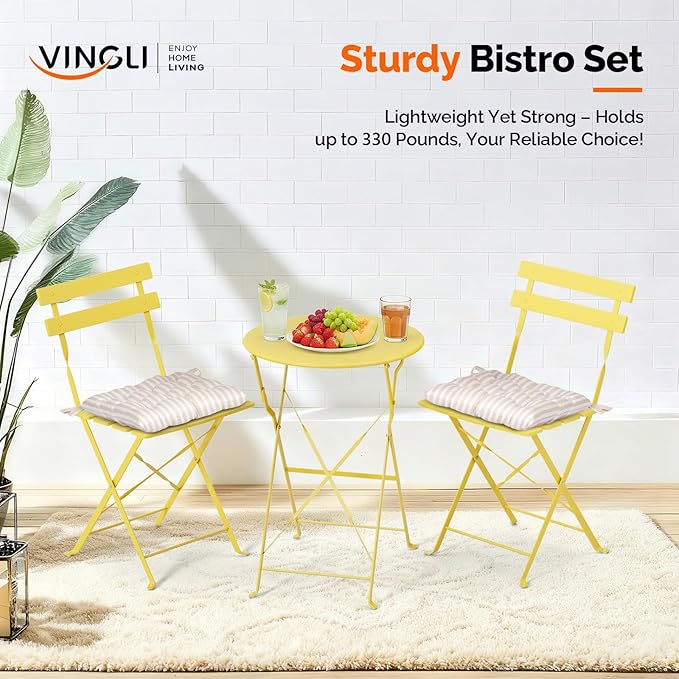 VINGLI Outdoor Folding Bistro Table and Chairs Set of 2, 3-Piece Bistro Set with Premium Steel Frame and Comfortable Cushions for Patio, Balcony, Garden, Porch, Yard, Yellow