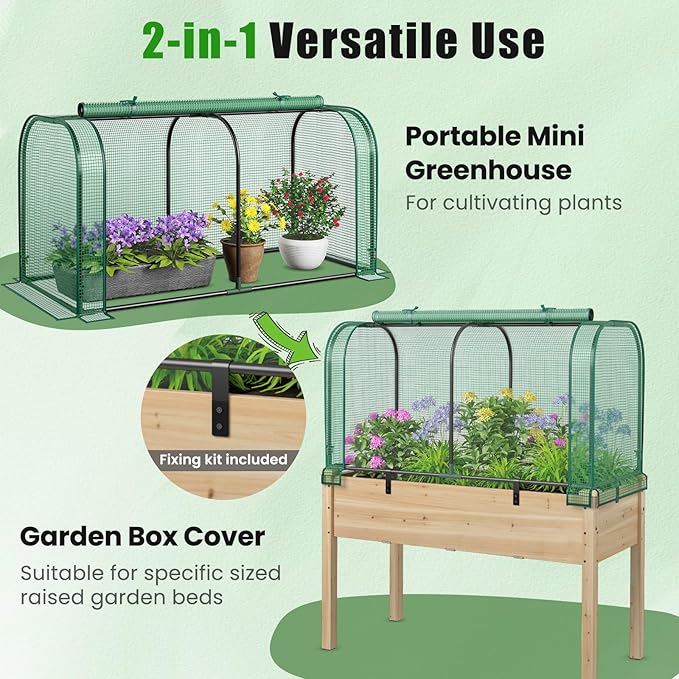 Giantex Raised Garden Bed with Cover, Wood Elevated Planter Box with Legs & Mini Greenhouse, Waterproof Sun-Protective PE Green House Cover, Outdoor Use for Fruit Vegetable Flower Herb (Green+Natural)