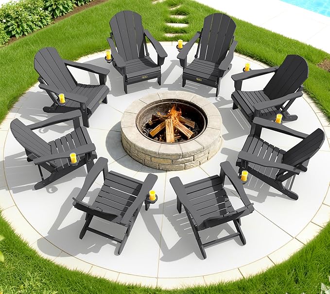SERWALL Folding Adirondack Chair with Cup Holder Set of 2, All Weather Adirondack Chairs, Fire Pit Chairs for Patio Garden Outdoors Fire Pit - Gray