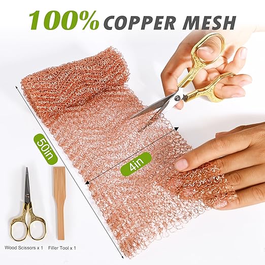 Copper Mesh Rodent Control Copper Wool for Slugs Mice Pest Snail Bird Control 4" x 50 in Copper Wire for Weep Hole Covers Rodent Mesh