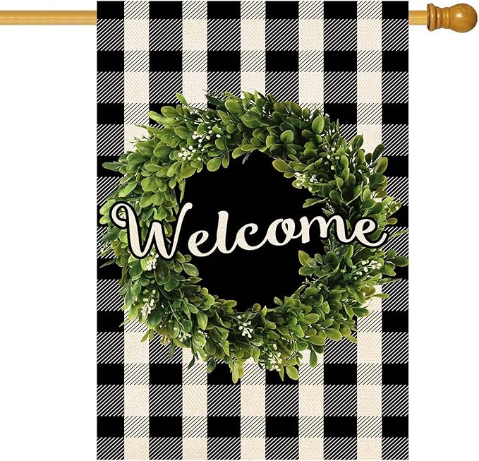 Baccessor Boxwood Wreath Welcome House Flag Vertical Double Sided, Buffalo Check Plaid Rustic Farmhouse Burlap Garden Yard House Flag Outdoor Decoration 28 x 40 Inch