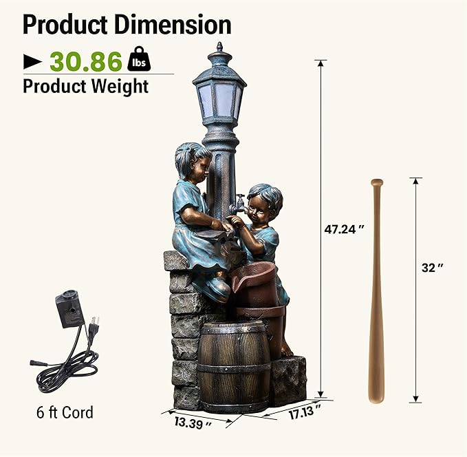 47-Inch Outdoor Water Fountain, 3-Tier Boy and Girl Resin Waterfall Fountain, with Soothing Water Sound & 3 Warm LED Lights, Home Decor for Garden, Patio, Yard, Deck or Lawn in Brown and Blue