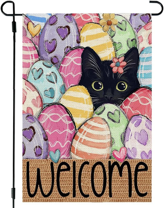 CROWNED BEAUTY Easter Garden Flag Eggs Cat 12x18 Inch Double Sided Holiday Decoration for Outdoor Lawn Yard