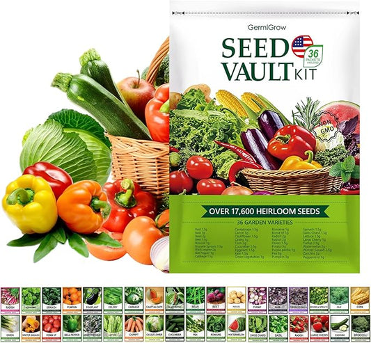 GermiGrow Survival Vegetable Seeds Vault Kit - 36 Heirloom Varieties, 17,600+ Non-GMO Vegetable Seeds for Planting Indoor/Outdoor & Hydroponic Gardening, Survival Gear & Emergency Seeds