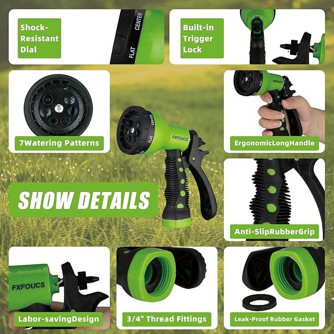 Garden Hose Nozzle Sprayer– this high heavy-duty spray nozzle offer 8 watering patterns for watering plants, lawns & gardens, washing cars, household (Green)