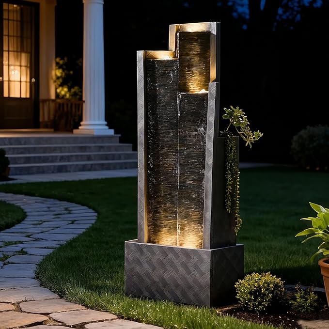 Sunlinua 49.6H Modern Outdoor Water Fountain with LED Light Garden Cascading Waterfall Feature for Indoor or Outdoor Cascading Waterfall for Relaxing Garden Patio Backyard Porch or Home Décor
