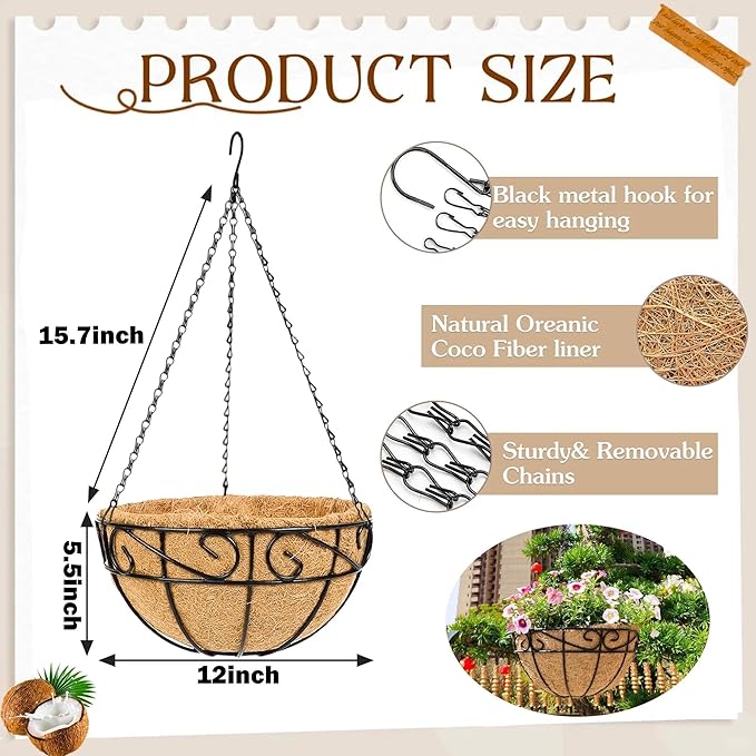 Metal Hanging Planters Basket Set of 2 Outdoor with Coco Fiber Liners Chain Hanging Basket Suitable for Vegetables Flower Heavy Duty Round Plant Holder Garden Balcony Patio Deck Porch Decor