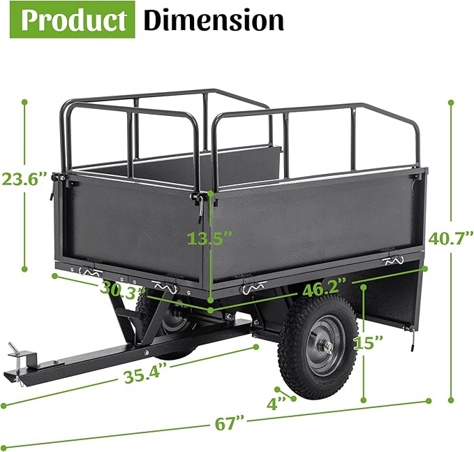 600LBS Heavy Duty Steel Dump Cart Trailer, 17 Cu.Ft. Tow Behind Hauling & Dumping Wagon for ATV, Lawn Tractor with 16" Pneumatic Tires & Rust Resistant Finish