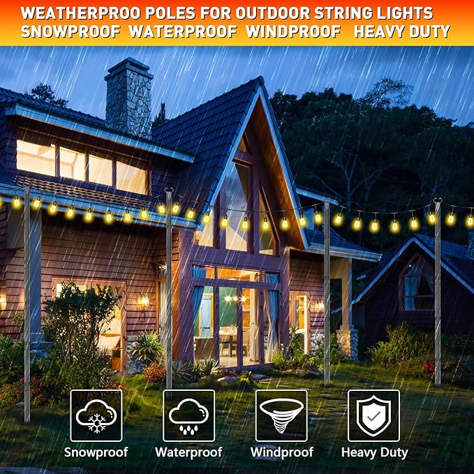 10Ft String Light Poles 4 Pack,Poles for Outdoor String Lights with Fork and Fence Clamp,Hanging Lights Metal Stand Post for Deck Patio Backyard Garden Decorations