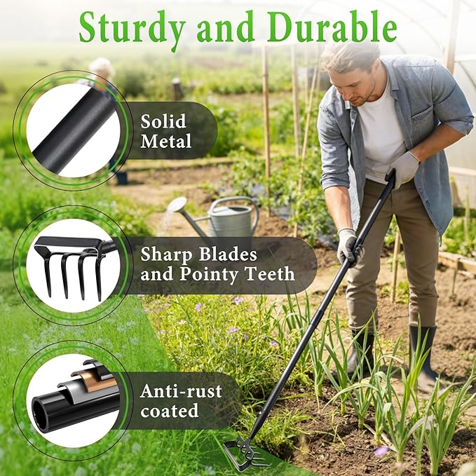 Garden Hoe, Heavy Duty Hula Hoe Garden Tool for Weeding, Adjustable Handle 37-82 Inch Cultivator Stirrup Hoe, Action Scuffle Loop Hoe with Rake 2-in-1 Gardening Tool