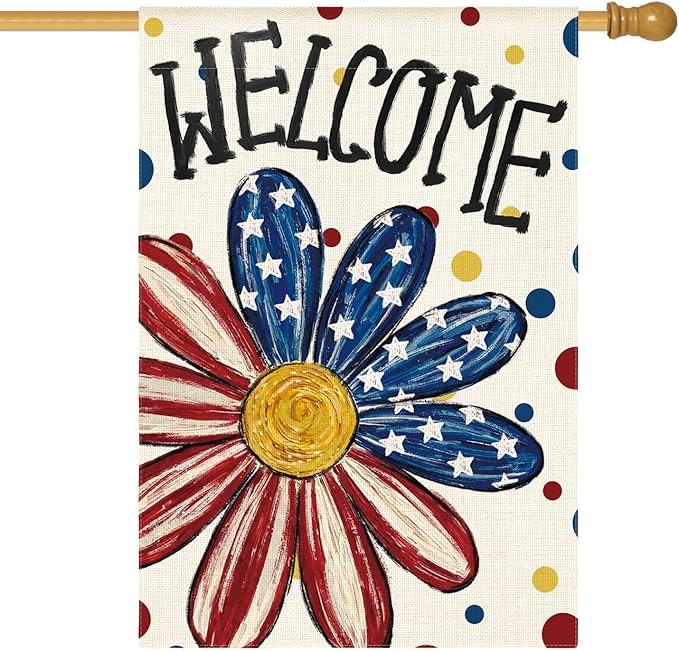 AVOIN colorlife 4th of July Patriotic House Flag 28x40 Inch Double Sided Outside, Memorial Day Welcome Floral Daisy Yard Outdoor Decoration