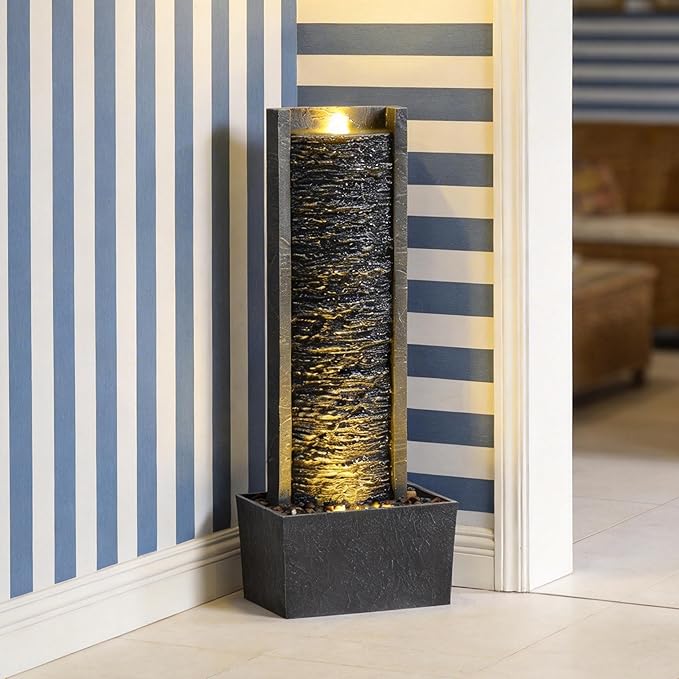 Outdoor Floor Standing Water Fountain with LED Lights, 36-Inch Modern Rectangular Cascading Waterfall Feature for Garden, Patio, Backyard, Deck & Home Decor, Durable Resin Stone-Look Finish