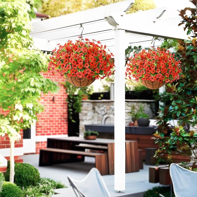 ZFProcess Artificial Faux Hanging Plants Flowers Basket Outdoor Porch Garden Spring Summer Decoration, Fake Silk Daisy in Planter Realistic UV Resistant for Outside Home Patio Balcony Yard(Red)