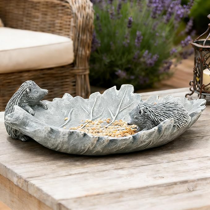 Bird Bath Bowl Hedgehog Statue Decorative Leaf for Gardeners Lovers Cement Small Birdfeeder Outside Concrete Outdoor Water Tray Patio Yard Balcony Deck Garden Decor Gift Women Mom