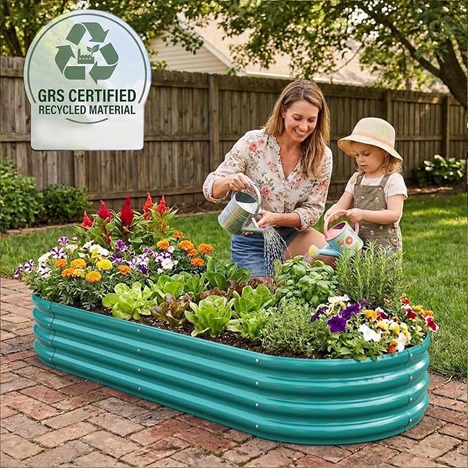 Rakukiri Raised Garden Bed GRS Certified Galvanized Planter Box Outdoor, 8ft Oval Rot-Resistant Metal Garden Bed Planter, Recycled Material Planter for Vegetables Flowers Herbs (Green)