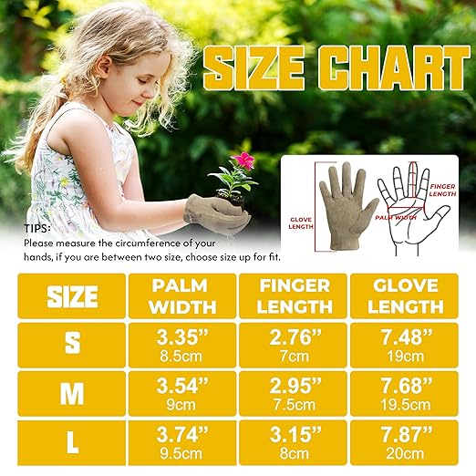 HANDLANDY Kids Genuine Leather Gardening Gloves for age 2-9, Children Work Gloves for Boys, Girls, Toddlers (Khaki, L)