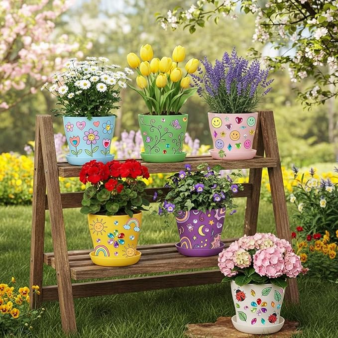 24 Set Garden Plastic Paintable Flower Pot Craft Kit 4" Starter Pots DIY Painting Party Supplies Acrylic Paint Strips Gardening Kit for Planting Crafts Birthday Spring Gift (Round)