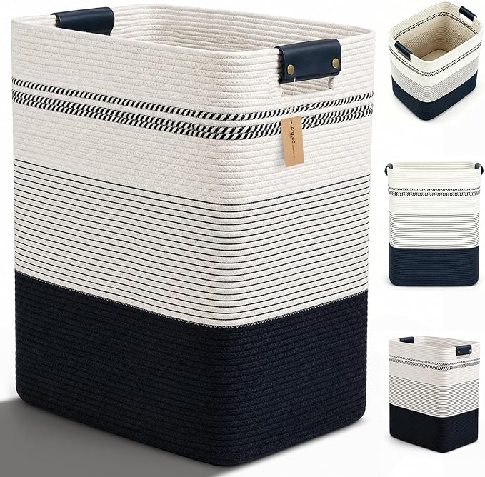 Laundry Hamper, Cotton Rope Laundry Basket with Leather Handles, 25.1-Gallon/95 L Large Clothes Hampers for Laundry, Woven Laundry Baskets for Blankets, Clothing, Bedroom, Living Room, Nursery
