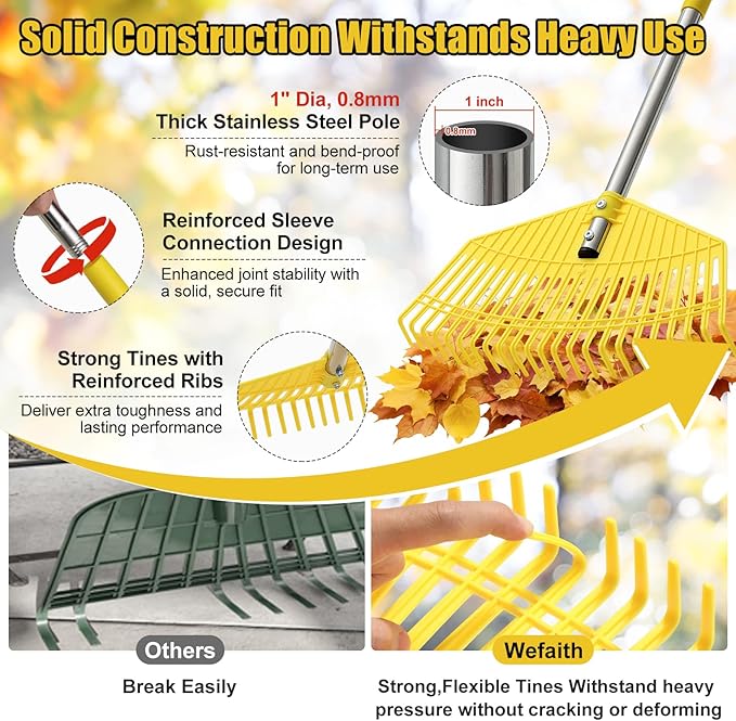 Plastic Leaf Rake - Lightweight Lawn & Garden Rake for Women, Seniors & Kids,16.5" Wide Yard Rake for Leaves, Grass & Pine Needles, Adjustable Handle 35–65"